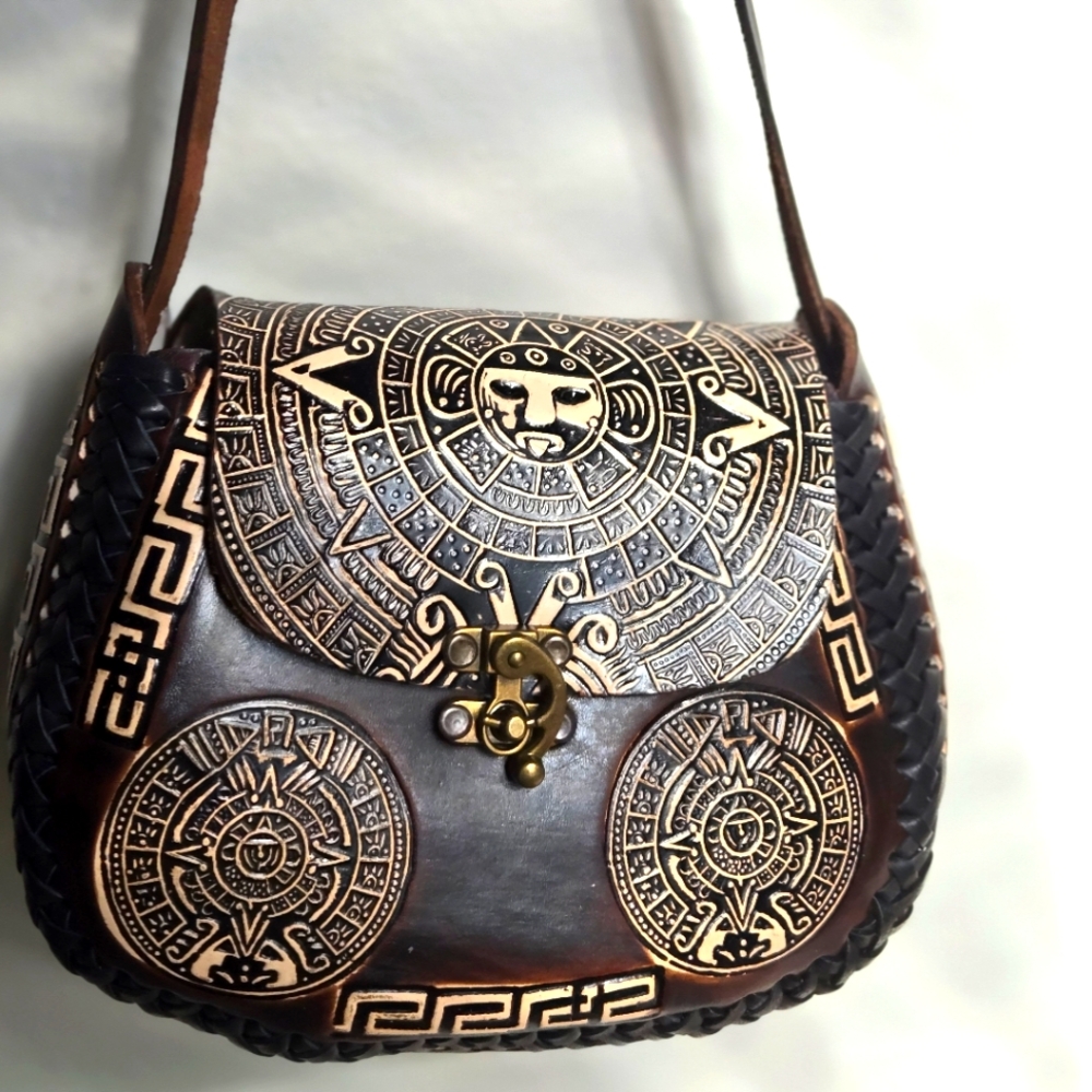 Brand New Hand-Tooled Leather Aztec Calendar Purse / Handmade Mexican Bag